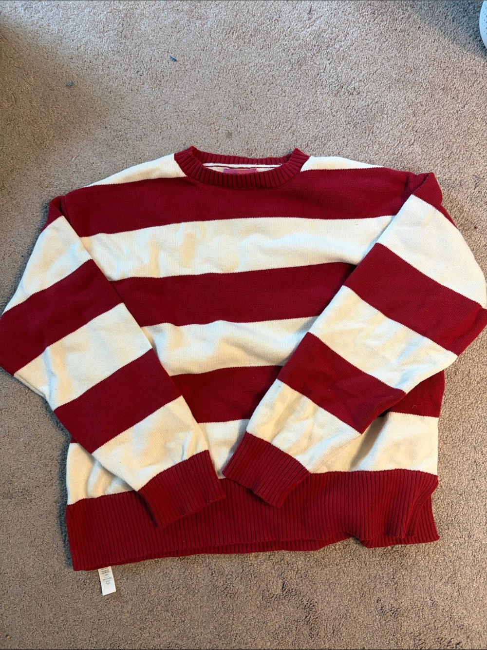 Edikted Red and Cream Wide-Striped Crewneck Sweater